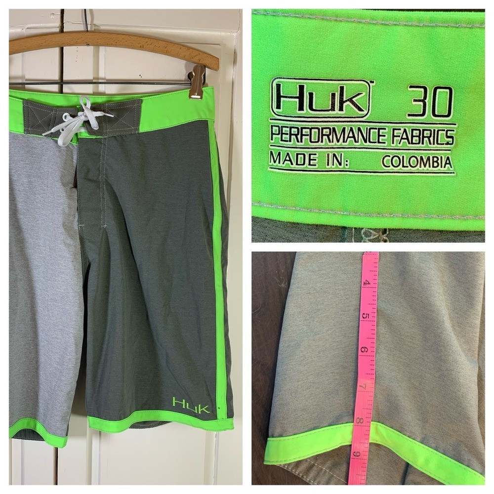 HUK Performance Fishing Board Shorts Swim Trunks Gray Neon Green Mens Sz 30 Lace